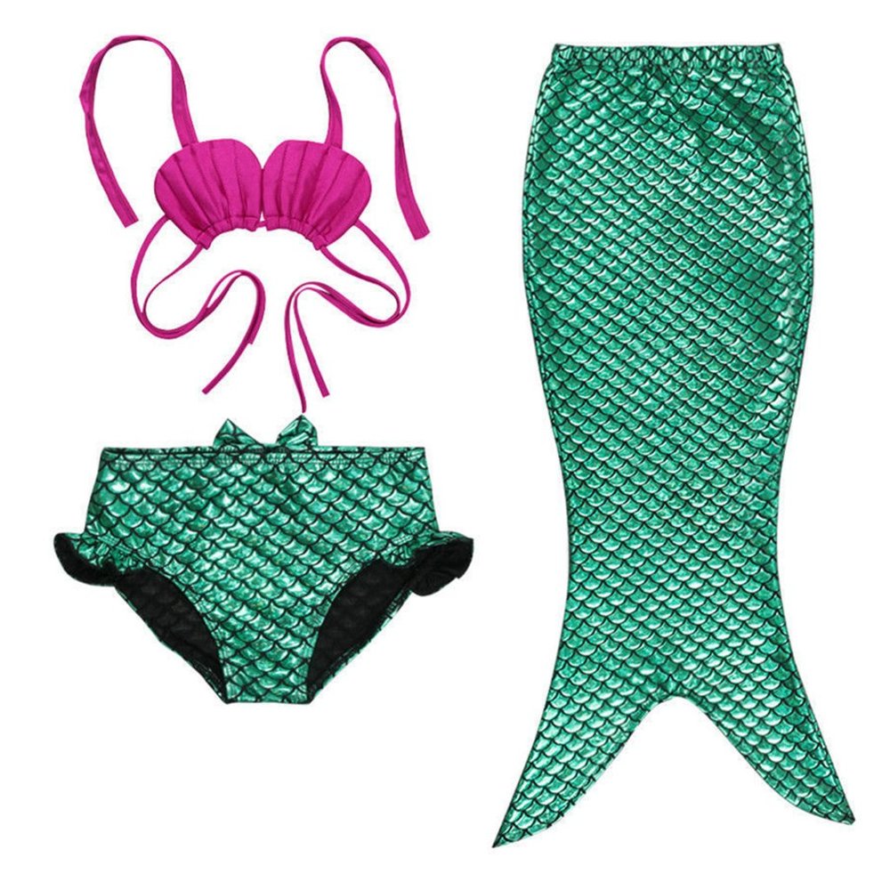 Fuchsia-Green Mermaid Princess Little Girl 3pcs Bikini Swimsuit